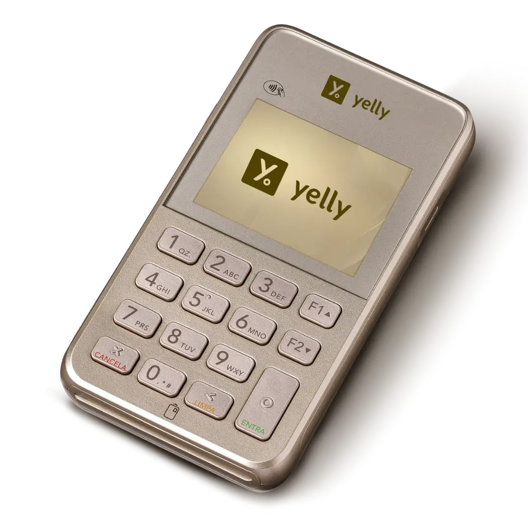 Foto da Yelly MINI, maquininha portátil com 3G integrado, NFC, Pix e envio de comprovante por SMS.